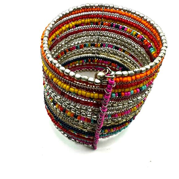 Wide Cuff Beaded Wire Wrap Bracelet Casual Boho Seed Bead Bohemian Multicolor - Picture 1 of 5